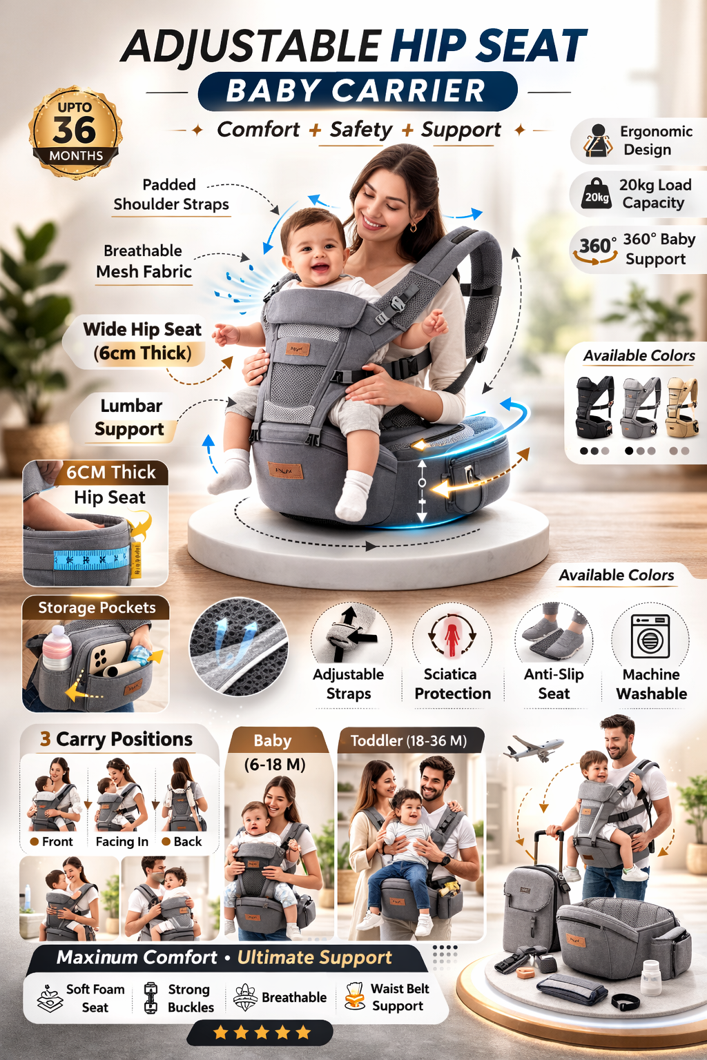 3-in-1 Adjustable Hip Seat Baby Carrier with Ergonomic Support & Storage | Comfortable Baby Carrier for Newborn to Toddler (0–36 Months)