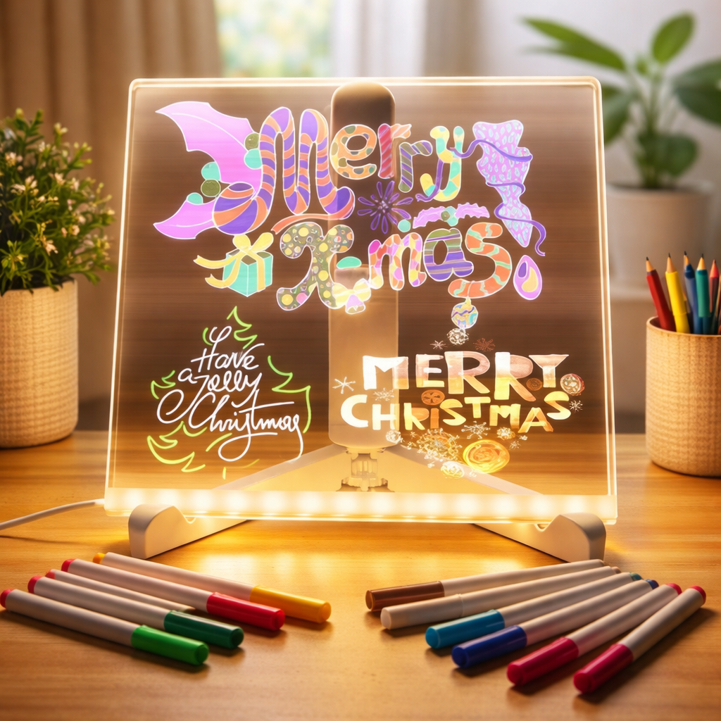 Kidzotic 3D LED Light Acrylic Writing Pad | Glass Message Board with 12 Pens & USB Night Lamp