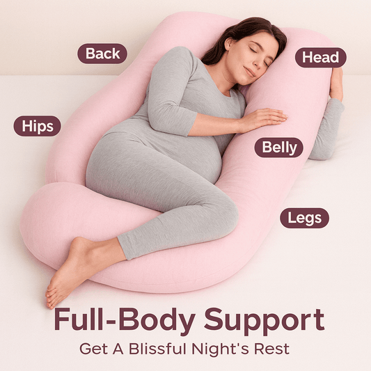 Woman lying on a pink U-shaped body pillow with labeled support areas.