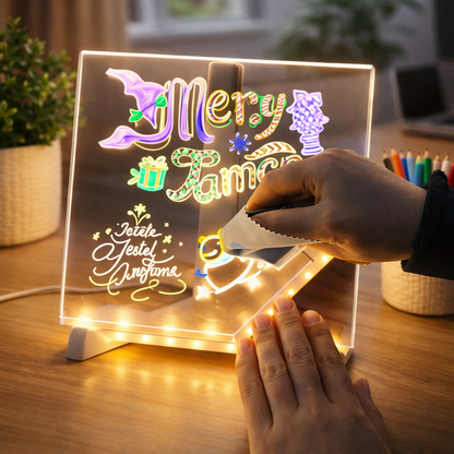 Kidzotic 3D LED Light Acrylic Writing Pad | Glass Message Board with 12 Pens & USB Night Lamp
