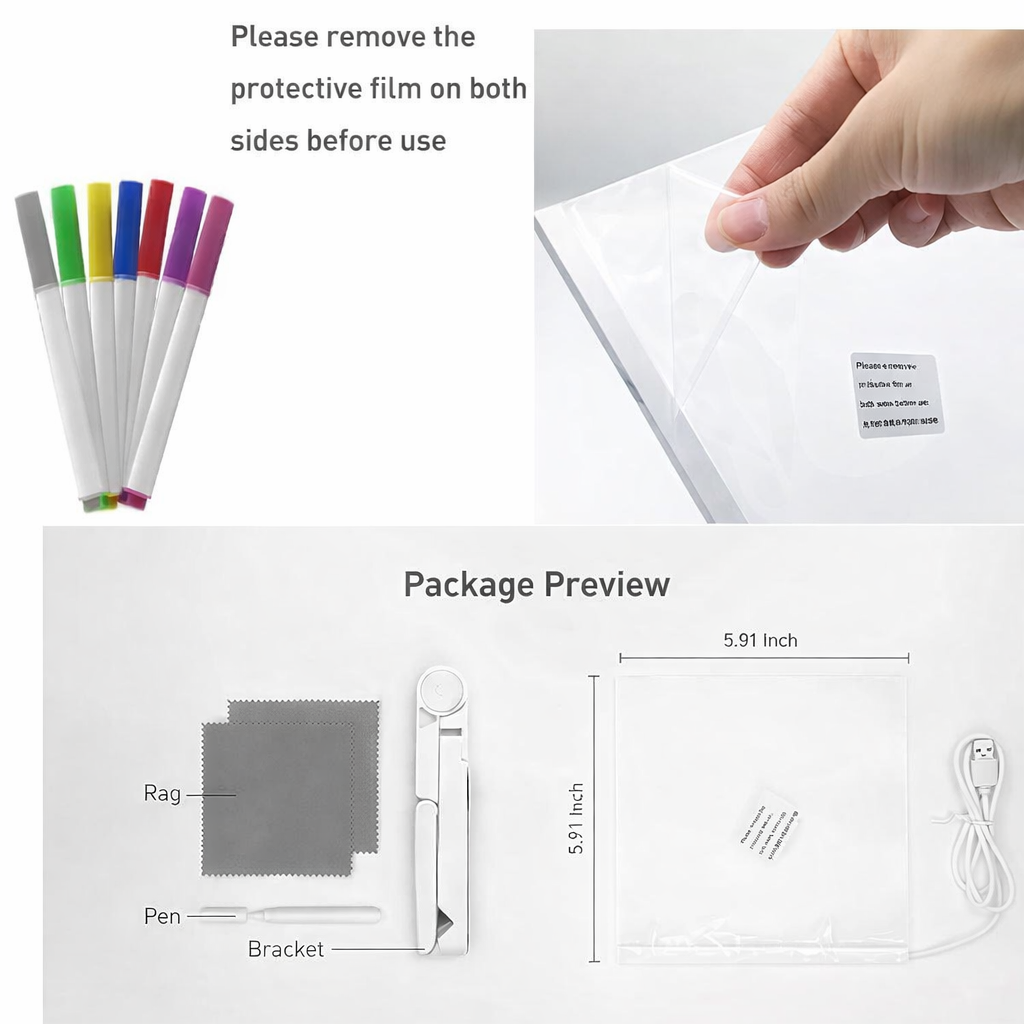 Kidzotic 3D LED Light Acrylic Writing Pad | Glass Message Board with 12 Pens & USB Night Lamp