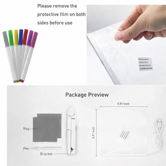 Kidzotic 3D LED Light Acrylic Writing Pad | Glass Message Board with 12 Pens & USB Night Lamp