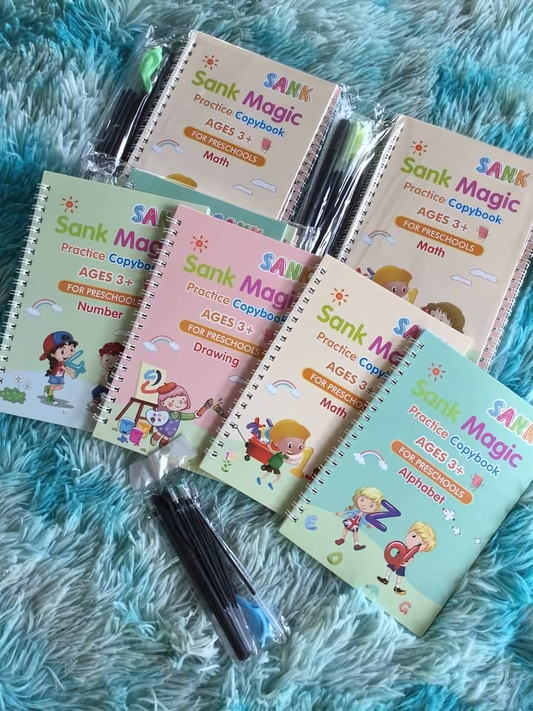 Magic Practice Copybook Set (4 Books + 1 Magic Pen + 1 Grip + 10 Refills) – Reusable Handwriting Improvement Book for Kids