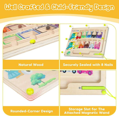 Kidzotic Magnetic Color & Number Maze | Montessori Wooden Puzzle Board for Kids Learning & Fine Motor Skills