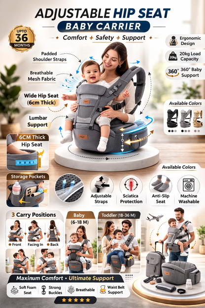 3-in-1 Adjustable Hip Seat Baby Carrier with Ergonomic Support & Storage | Comfortable Baby Carrier for Newborn to Toddler (0–36 Months)